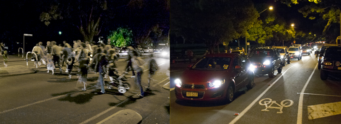 Traffic-cars and people @ Toowoomba New Years Eve fireworks display