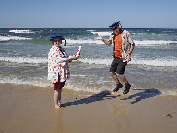Vicky receives her testamur in absentia (a place near Diggers Rest - Grafton) Doug --- Jumps for joy!