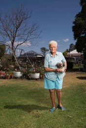 Joyce Coss 83 years old with "Waddles" her Sliky Cross. 63 years living in Warra Warra. Dalby Region. Russell Shakespeare 2013