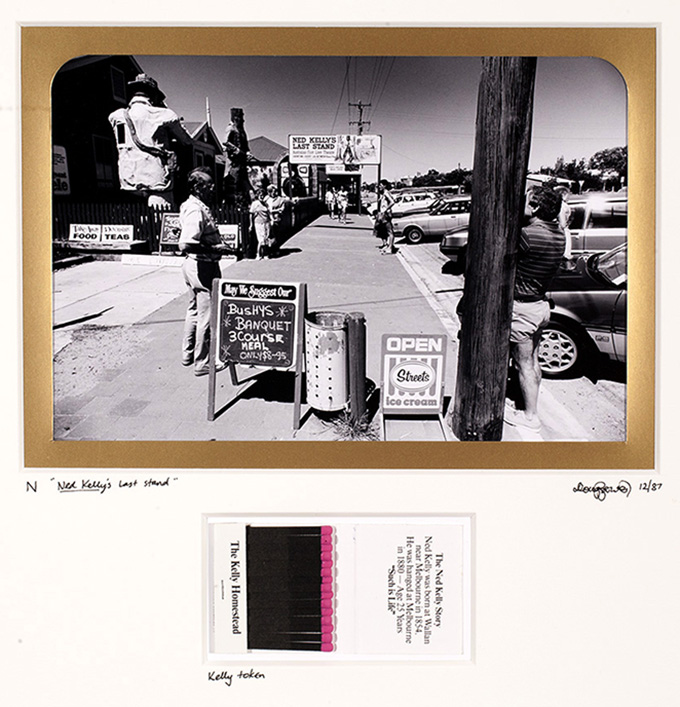 N  Ned Kelly – Located at Glenrowan this colonial sacred site is the place where the Australian folk hero Ned Kelly made his notorious last stand against the Victorian Police. Erected to enable ‘pilgrims’ to ‘revere’ the place, these modern day structures house a multitude of Ned Kelly tokens and souvenirs.  Rather than recognise this as a solemn and tragic clash between authority and the underclass, these souvenirs often seem to parody the event. Here, the matches are a strange connection to the fact that the Victorian Police set fire to the Kelly gang’s refuge and burned it down to enable his capture. Glenrowan, Victoria. 