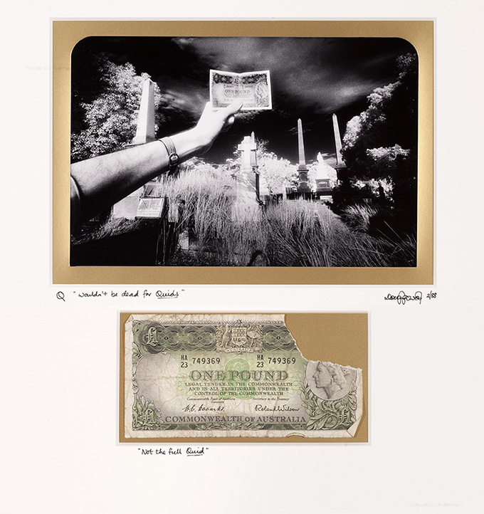 Q  Quid. The pre-decimalization equivalent of two dollars, often associated with value statements like ‘wouldn't be dead for quids’ and, ‘not the full quid’. Toowong Cemetery, Brisbane, Queensland.