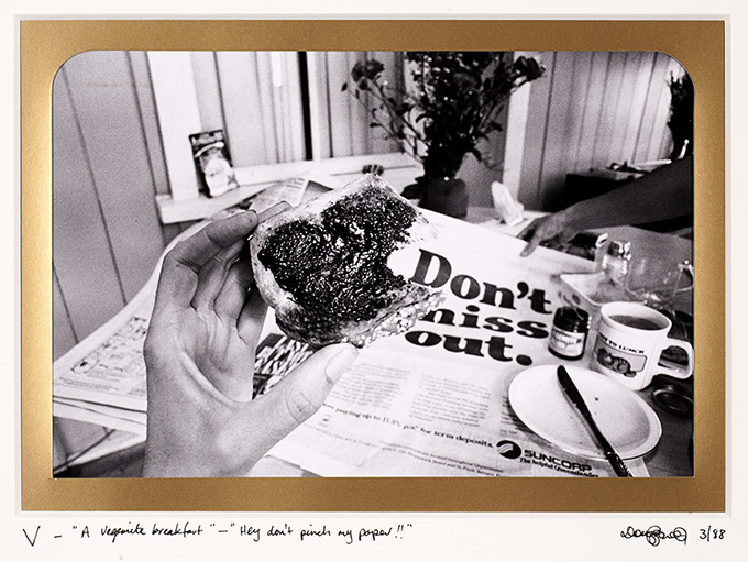 V  Vegemite. A black vegetable extract used as a spread on toast or Salada biscuits.