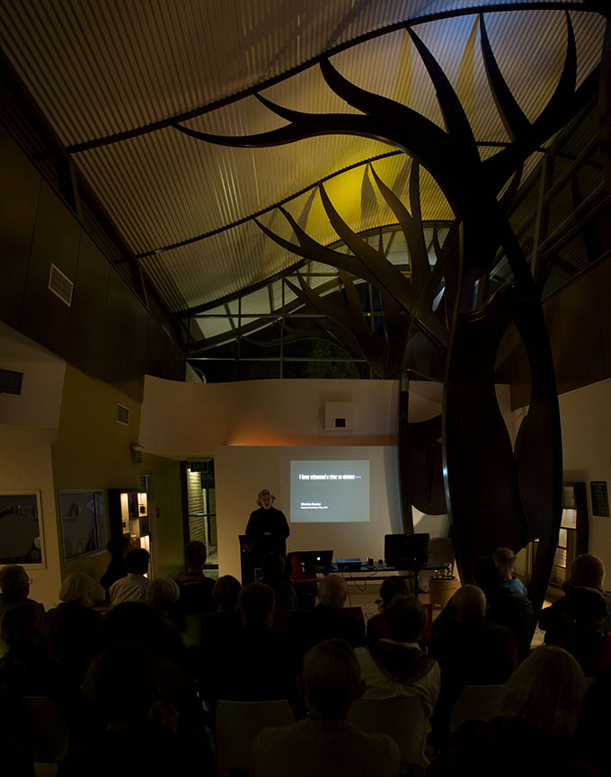 Inside the Dogwood Xing presentation space (Bottle Tree forms)