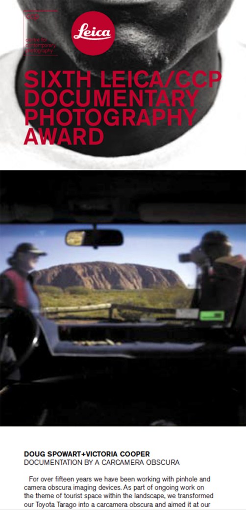The CarCamera Obscura folio was a finalist in the LEICA CCP Photodocumentary Awards