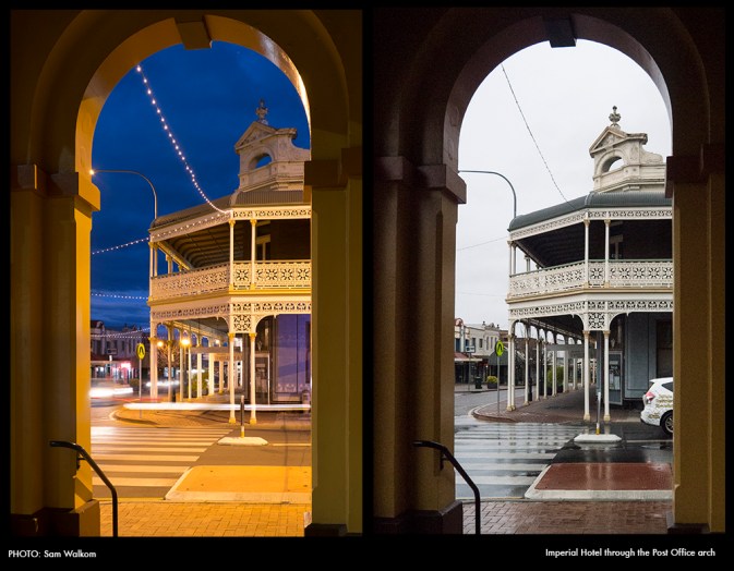 Sam Walkom's Imperial Hotel through the Post Office's arche