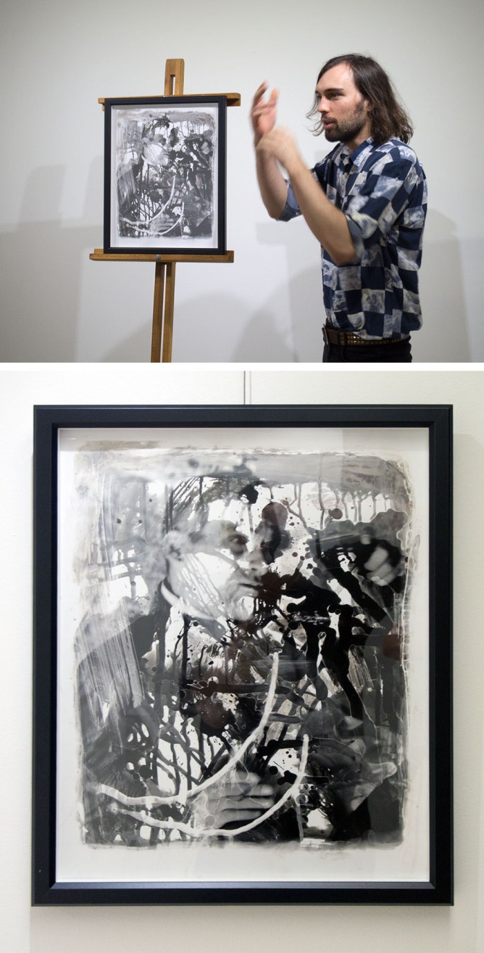 Thomas talking about his work at the Maud Gallery 'Dark Love' event in November 2016