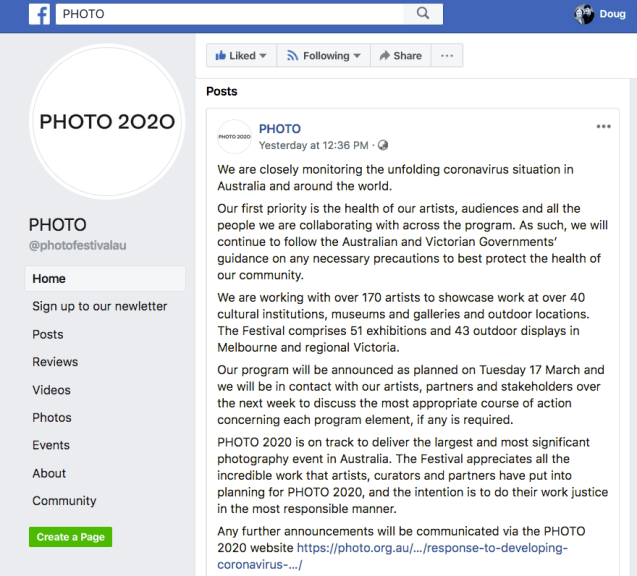 March 15, 2020 post on the PHOTO 2020 Facebook page