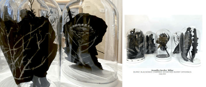 Jennifer Keeler-MilneBurnt, blackened, charred, scorched burnt offerings 2020 7 domes: charcoal, paper, glass, timber, foliage, paint Courtesy of the Artist and Australian Galleries, Sydney and Melbourne