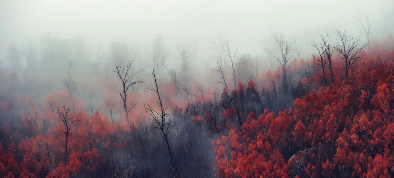 Bushfire damaged trees in the mist, Namadji