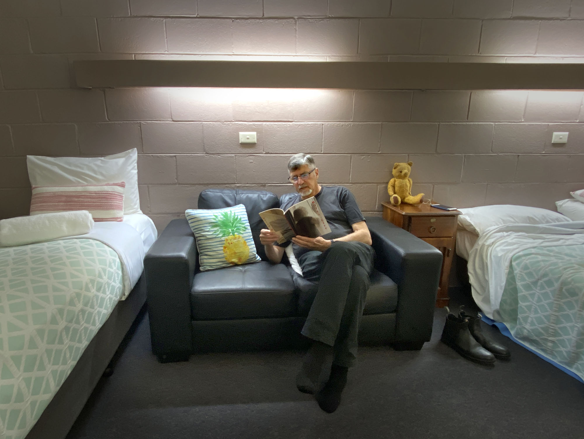 Motel at West Wyalong reading Peter Black's Motel book